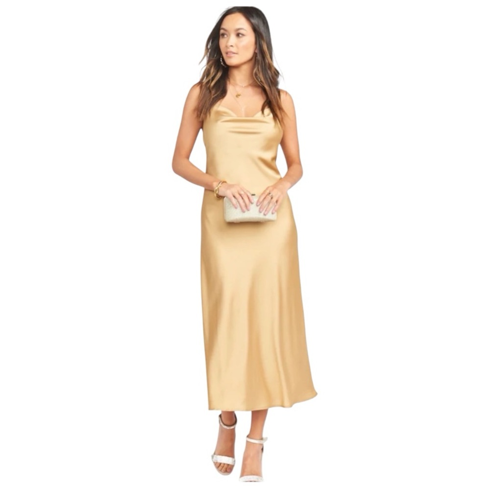NWT-Show Me Your Mumu Verona Cowl
Dress in True Gold Luxe satin, Size Large
